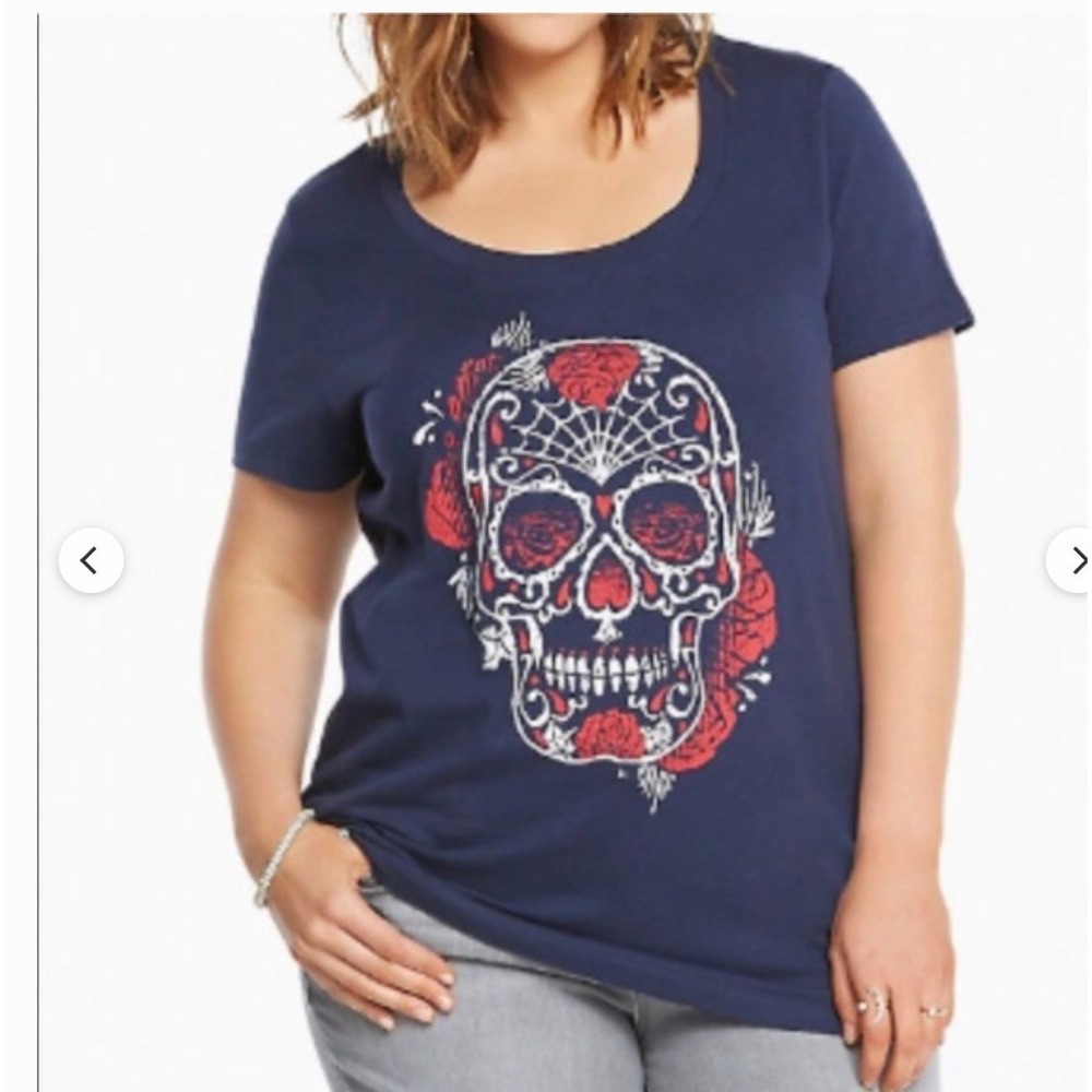 Torrid Womens Navy Blue Sugar Skull Rose Graphic Scoop Neck T-Shirt Size 2 2X